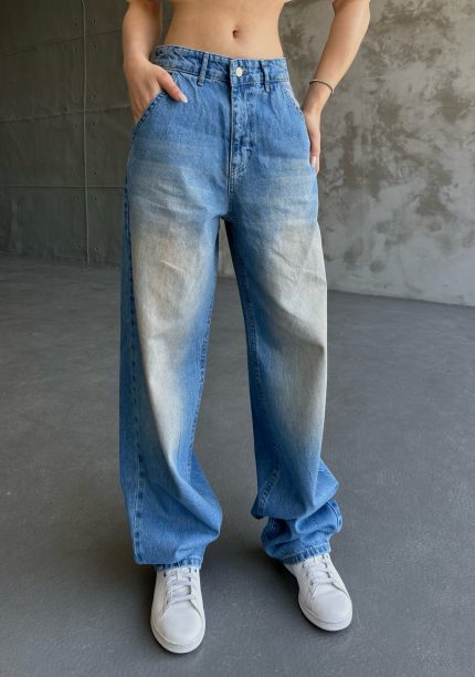 Yan Cepli Baggy Jean Pantolon Tintli Açık Mavi